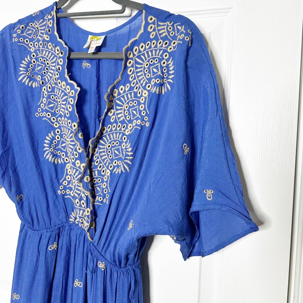 Fig and Flower‎ Blue Embroidered Maxi Dress Boho Tiered V Neck Kimono Sleeve M - Picture 3 of 7